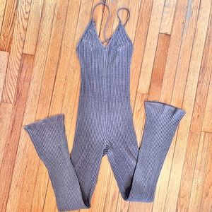 Rib knit heather grey thin strap flare lounge onesie.